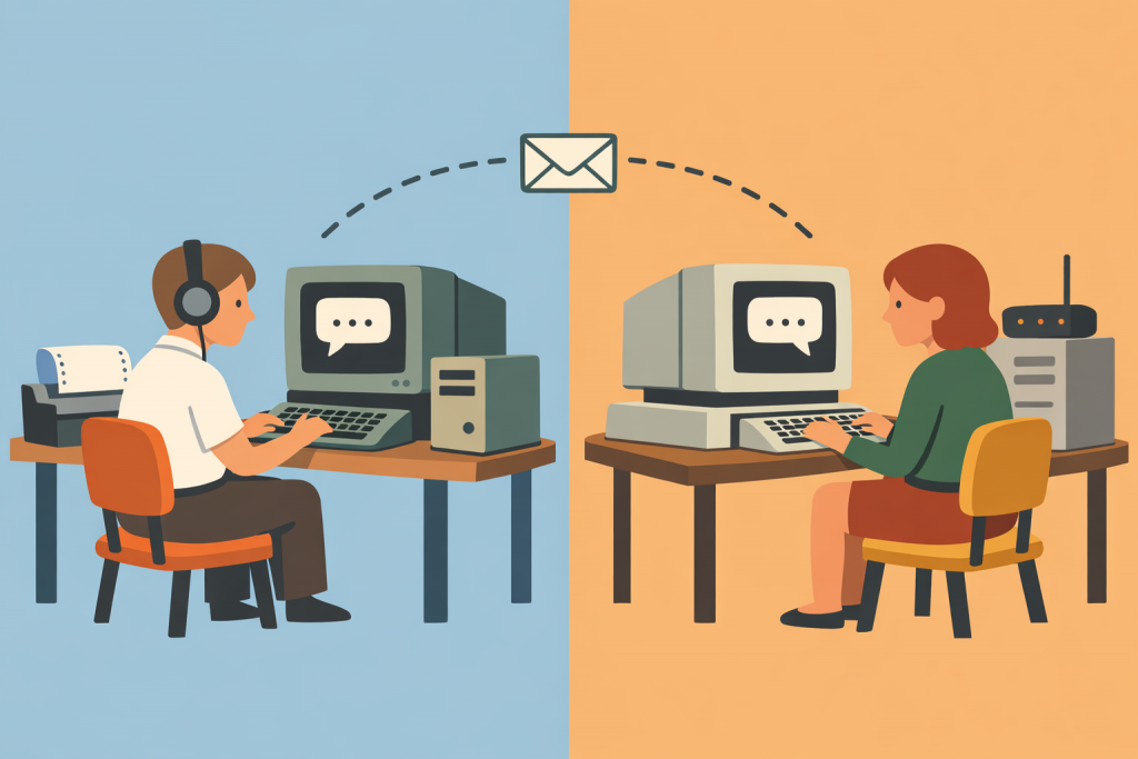 Two people sitting at computers of different generations in different rooms are exchanging an email message, indicated by a letter icon between them.