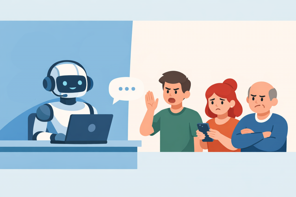 A chatbot behind a laptop responds to a request, while three people with dissatisfied expressions stand opposite.
