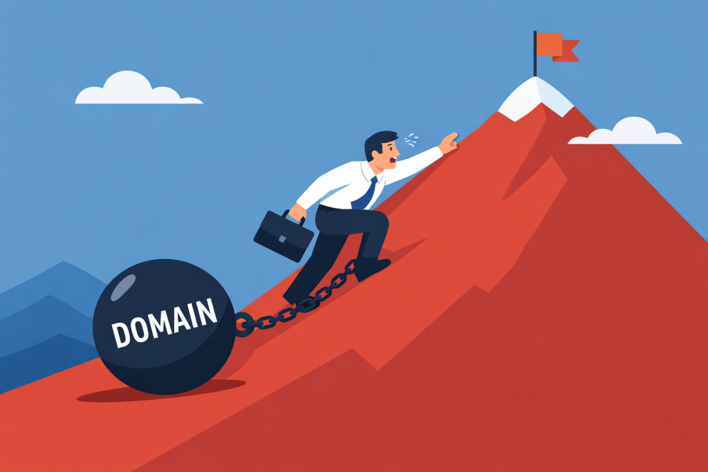An entrepreneur climbs up a mountainside to the top with a flag, but is stopped by a large ball with the word DOMAIN written on it, chained to his leg.