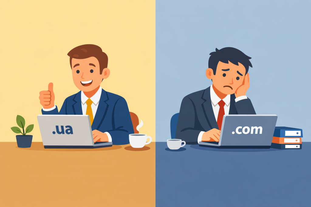 Two businessmen are working at laptops: on the left, a smiling man with a .ua domain on the screen shows a sign of approval, on the right, a sad man with a .com domain looks unsure and tired.