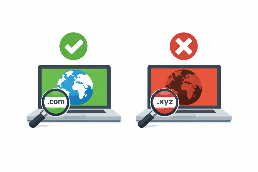 Two laptops side by side: one showing the .com domain with a green check mark and globe, the other showing the .xyz domain with a red check mark, both highlighted with a magnifying glass.