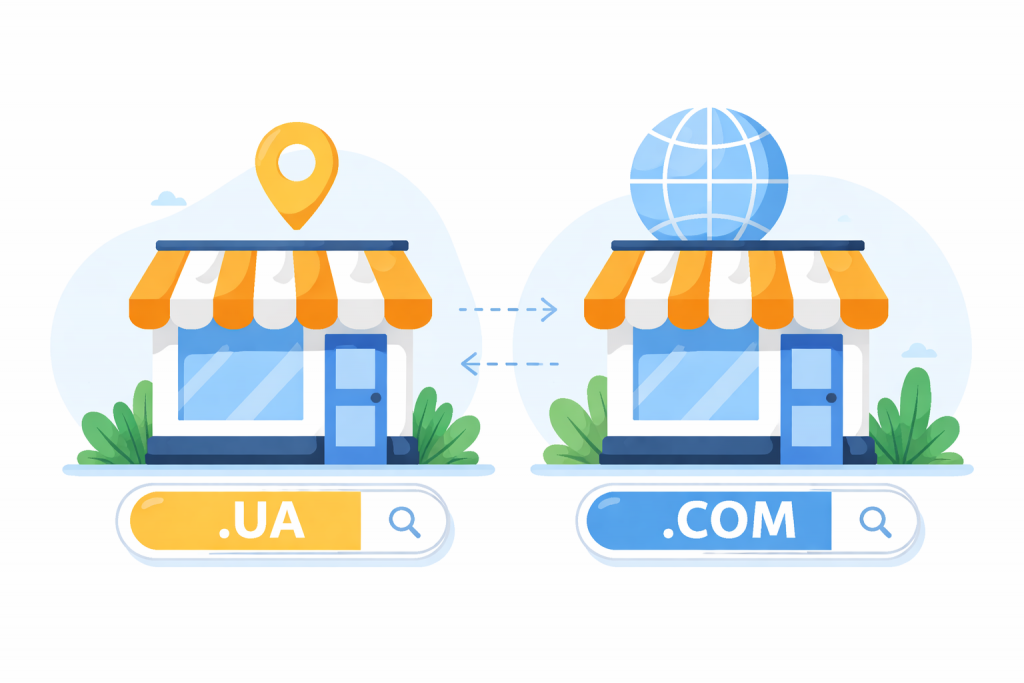 A store with a local symbol and a .UA domain next to a store with a global symbol and a .COM domain, with a choice of direction shown between them.