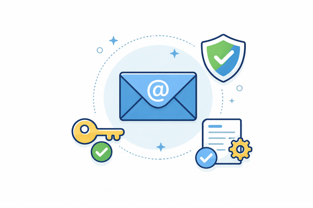 An electronic envelope with an @ symbol in the center, next to it is an access key, a shield with a checkmark, and a document with settings, symbolizing email protection and verification.