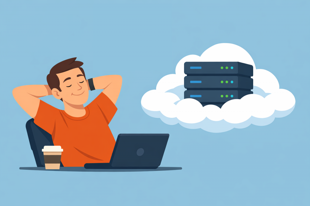 A person is sitting relaxed at a laptop with a cup of coffee, and nearby are servers in the cloud, symbolizing the automated operation of hosting without constant human intervention.
