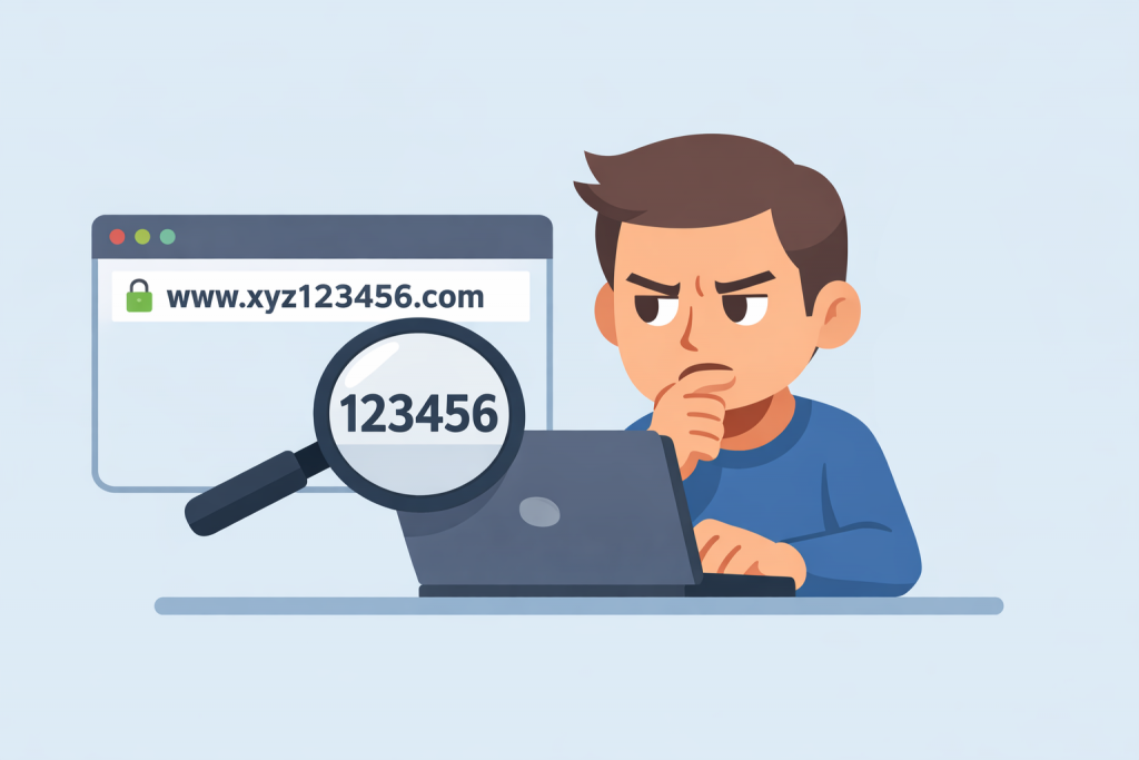 A man at a laptop carefully examines a website address with a large number of numbers through a magnifying glass, symbolizing doubt and checking the reliability of the domain name.