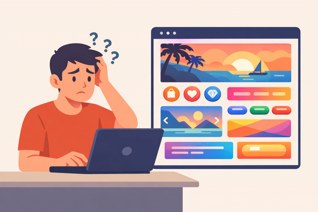 The user is confused when looking at a site with a bright design and a large number of visual elements that make it difficult to perceive the interface.