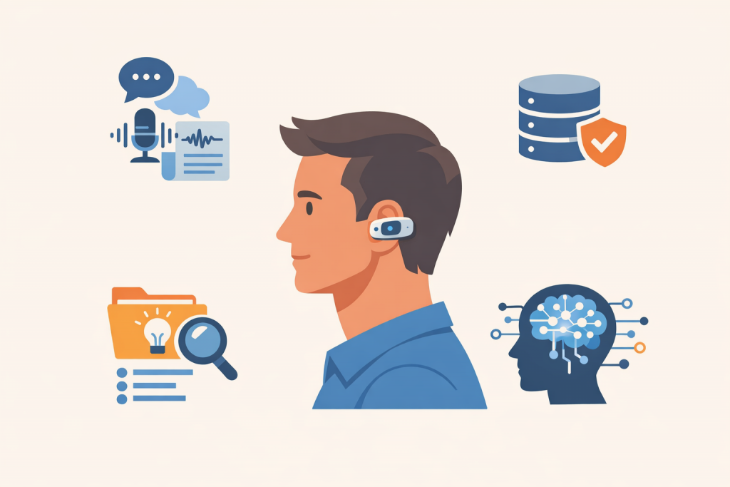 A person with an AI ear clip that records conversations and thoughts expressed out loud, stores them in a personal database, and allows you to quickly find the information you need using artificial intelligence.