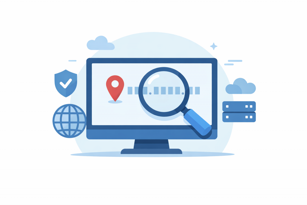 Monitor with IP address on screen, magnifying glass for checking, geolocation, security, global network and servers icons symbolizing IP address blocking analysis.