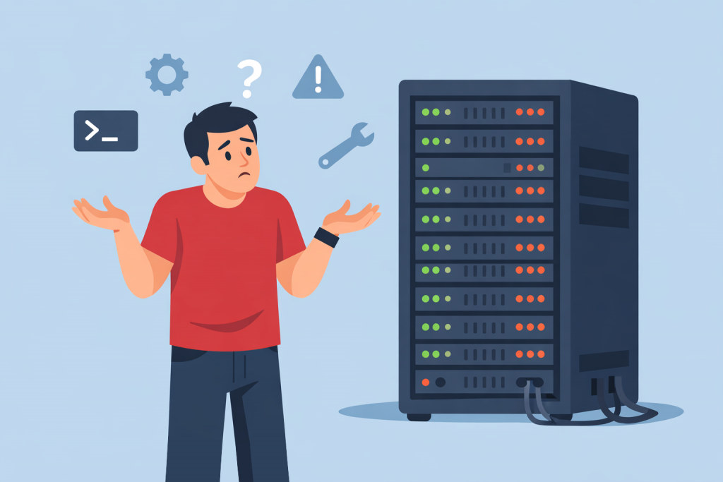A man stands confusedly next to a server rack, surrounded by icons of settings, errors, and administration tools.