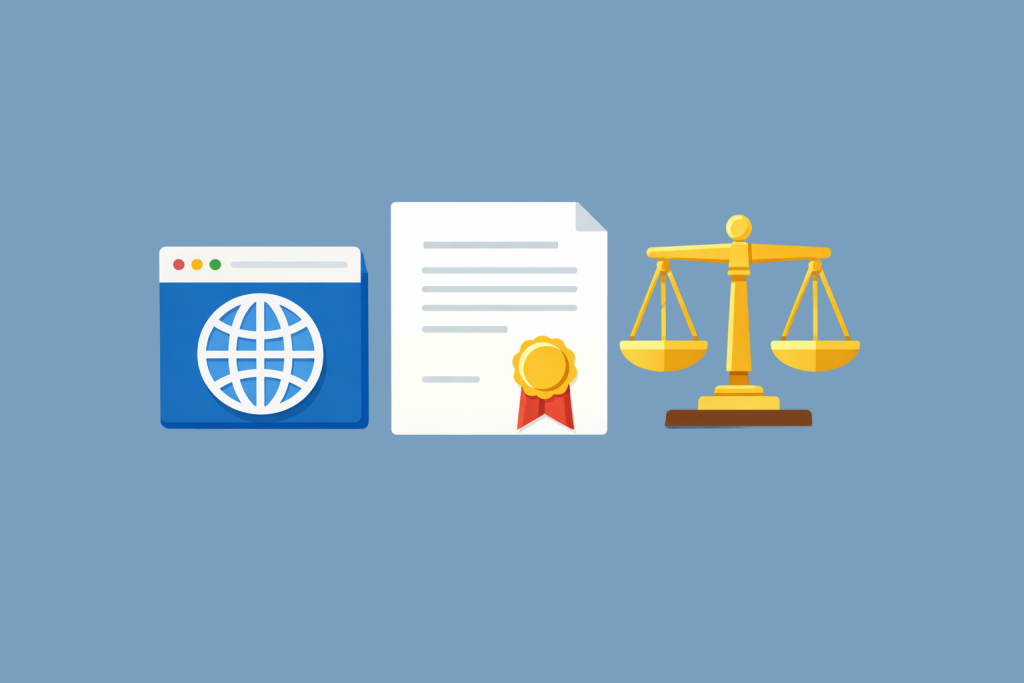 Website, official document with seal and scales as a symbol of legal regulation of domains.
