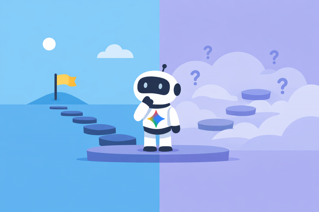 The robot stands on a platform between two paths: on the left are steps to a flag, on the right are steps in the fog with questions.