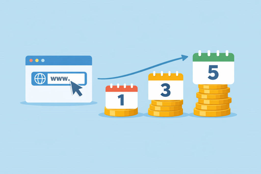 Web address with cursor, arrow and calendars with one, three and five years on stacks of coins.