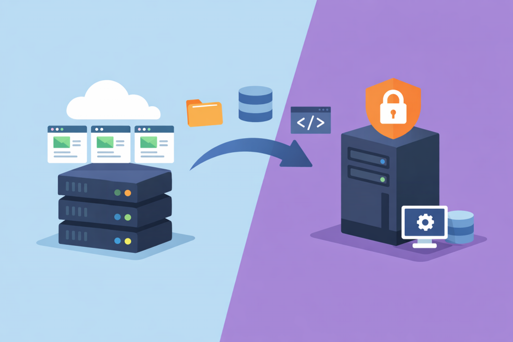 Migrating sites, data, and settings from shared hosting to VPS with increased security and management requirements.