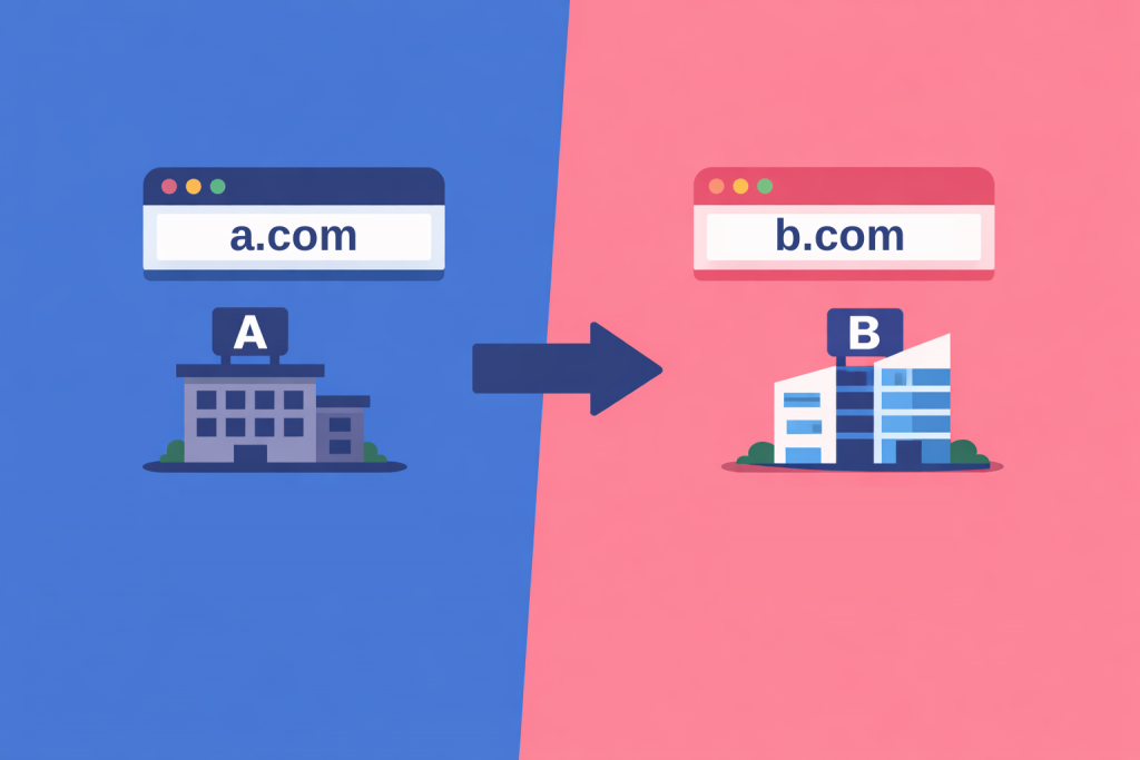 A diagram of the transition from the domain a.com to the domain b.com with the designation of different companies.