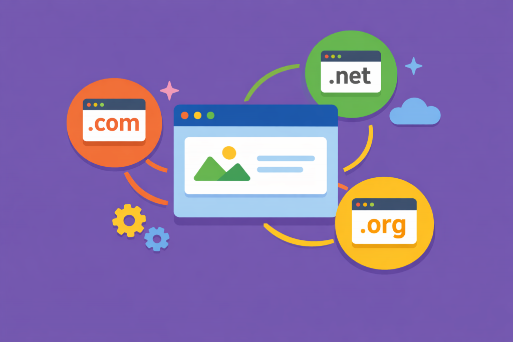 A website window connected to .com, .net, and .org domains, showing multiple domains being linked to a single project.