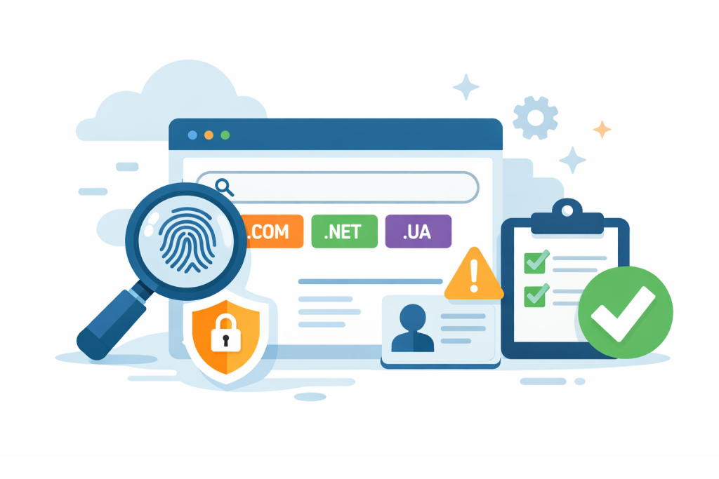 Illustration with a browser, .com, .net and .ua domain zones, verification, security and warning icons symbolizing additional verification during domain registration.