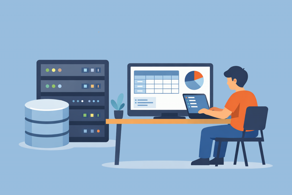 A person at a desk works with a computer connected to a server and database.