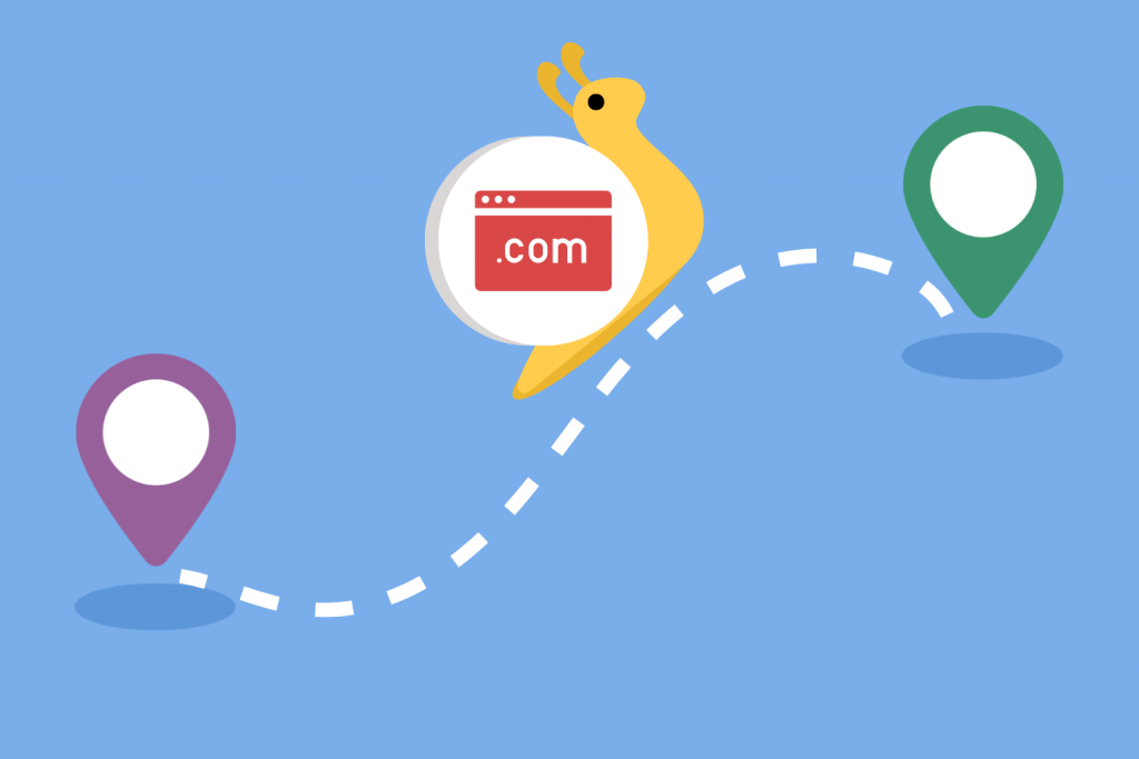 Schematic route of domain transfer between different geographical locations with the .com domain designation.