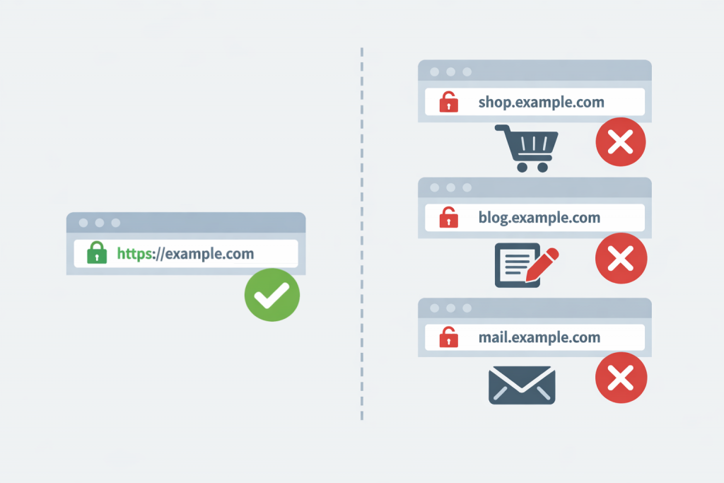 Main domain with active HTTPS and subdomains with errors without a secure connection.