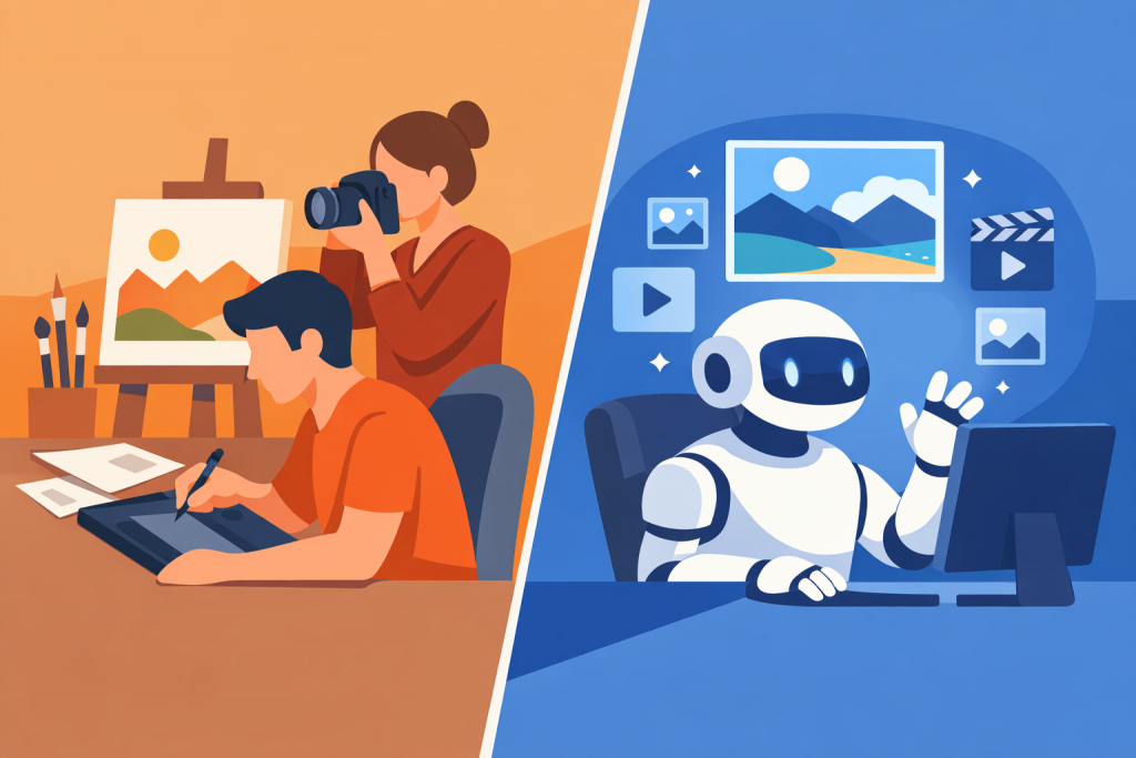 Comparison of traditional content creation by humans and image and media generation using artificial intelligence.