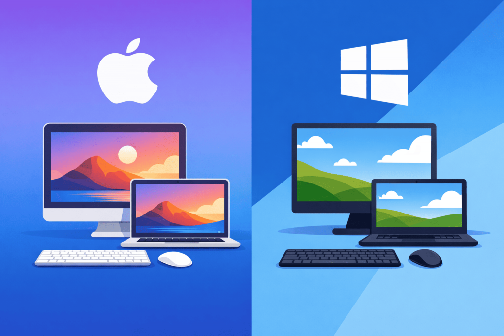Comparison of computers with macOS and Windows on different devices - desktop and laptop.