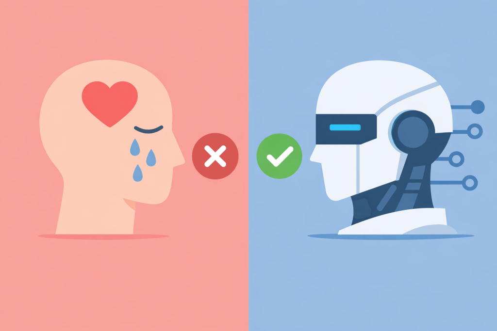 Comparison of a person with emotions and artificial intelligence without emotions, next to an error mark and the correct solution.