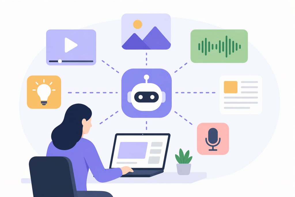 A person behind a laptop works with digital tools, in the center is an AI assistant, around are icons of video, images, audio and text.