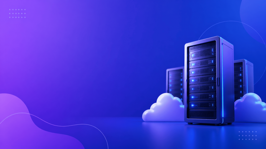Example of a banner layout with a server rack on a gradient background with cloud elements, modern minimalist 3D style.
