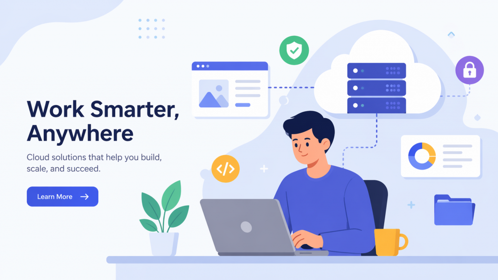 Example of a banner layout with a person behind a laptop, cloud services elements, security, server and analytics icons, flat style.
