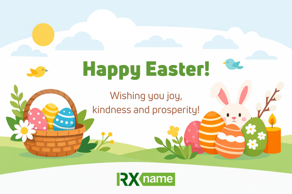 Festive Easter illustration with a basket of eggs, a bunny, a candle, and a greeting inscription from RX-NAME.