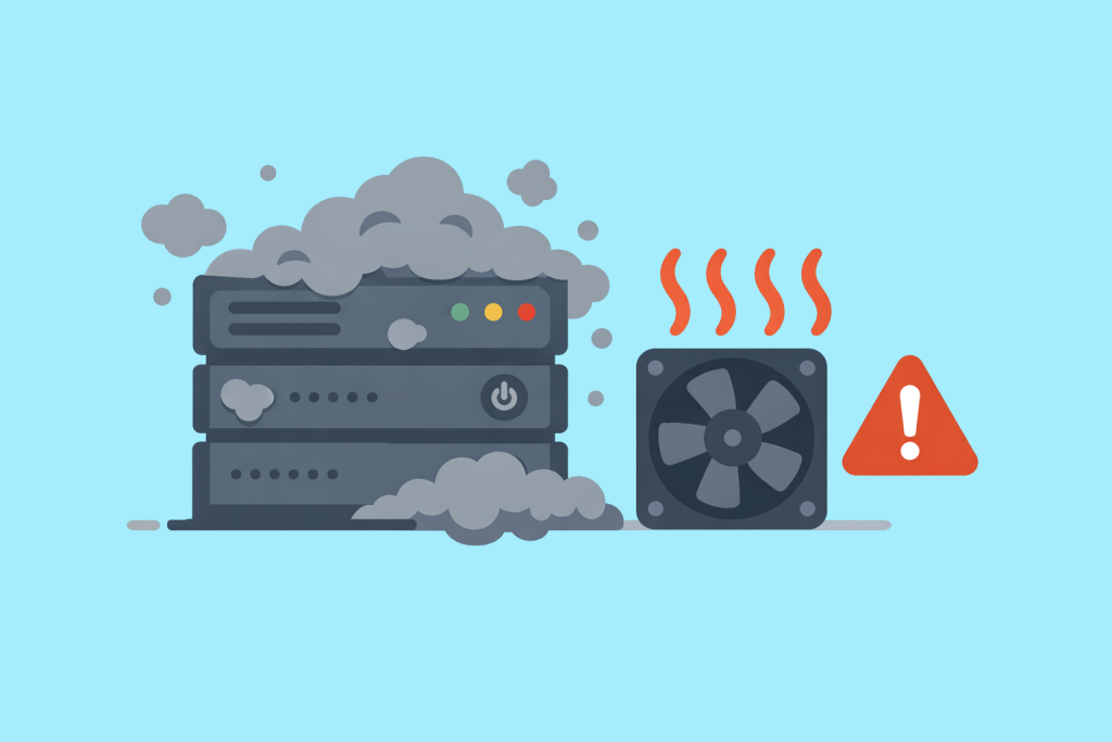 A server with accumulated dust, overheating, and a fan nearby is a sign of cooling problems.