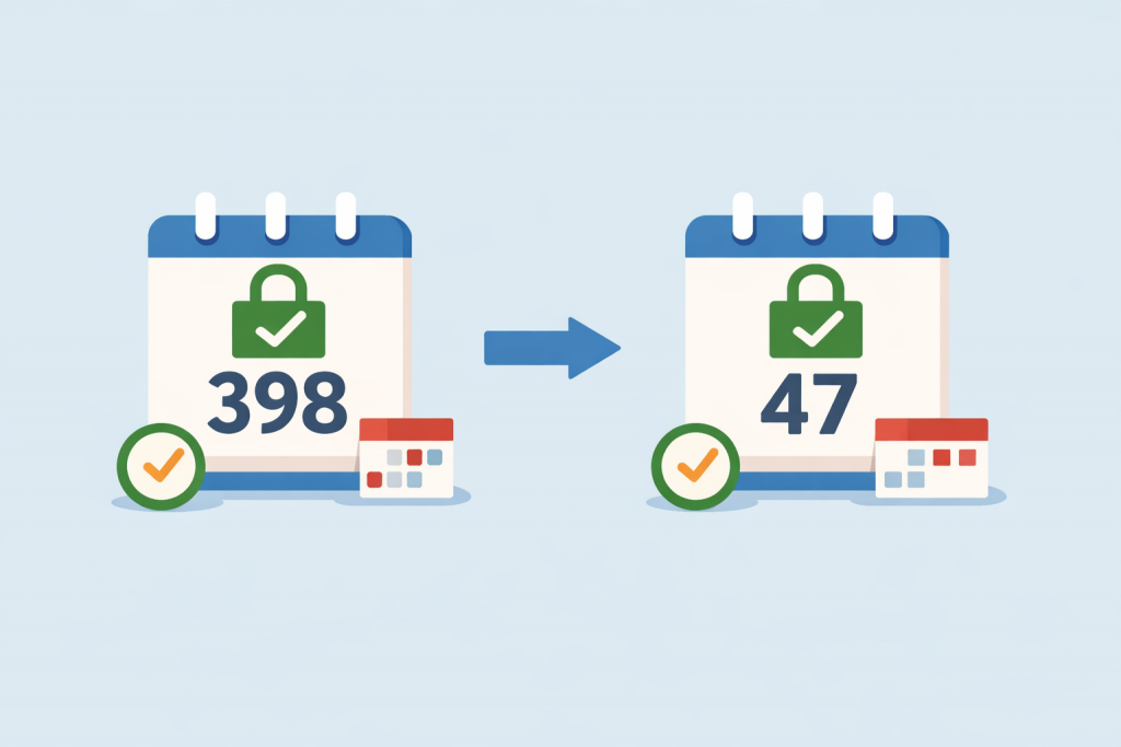 Changing the SSL certificate expiration date from 398 days to 47 days is shown through calendars with an arrow between them.