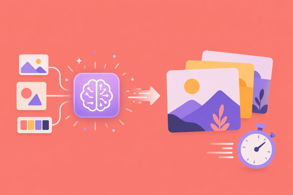 Artificial intelligence transforms simple design elements into finished images, emphasizing the speed of content creation.