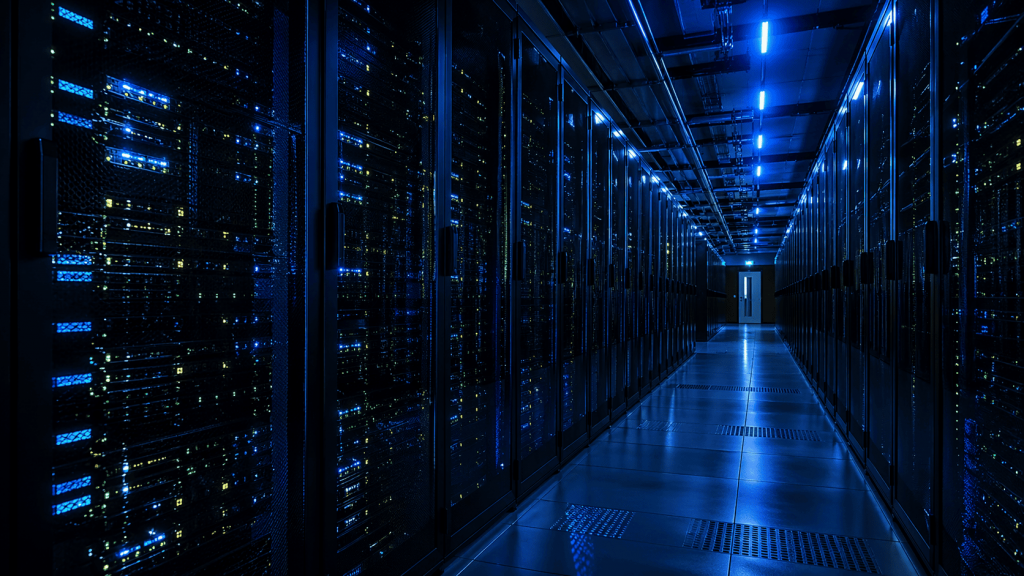 An example of a mockup with a photorealistic image of a server room with rows of server racks and blue lighting.