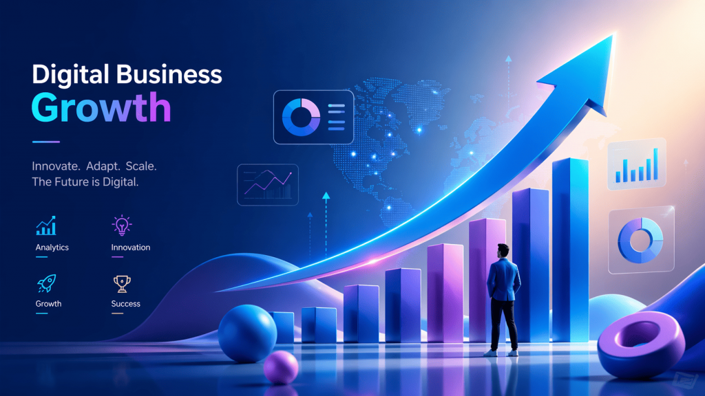 Приклад макету з графіком зростання, стрілкою вгору, людиною перед діаграмами та елементами аналітики, сучасний цифровий стиль.