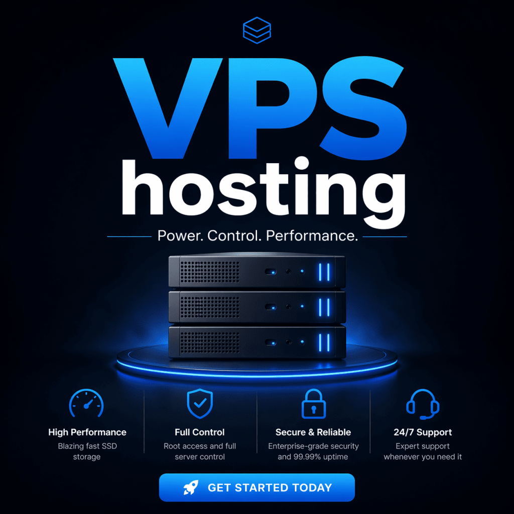 An example of an advertising banner layout with the inscription VPS hosting, server equipment, lighting and blocks with characteristics, dark technological style.