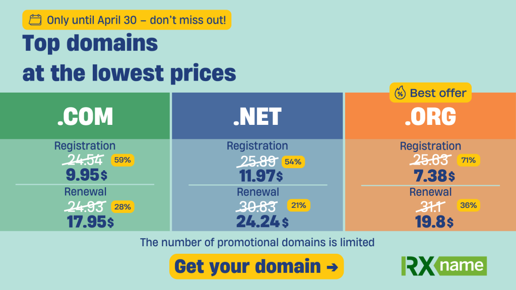 A banner offering .COM, .NET, and .ORG domain discounts with old and new prices crossed out, a "Claim Your Domain" button, and a note about limited quantities.
