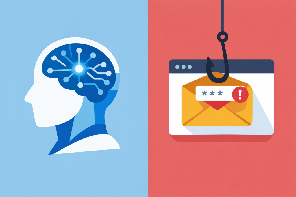 On the left is a human profile with a brain in the form of a neural network, on the right is a screen with a letter and a hook, symbolizing phishing and cyber threats.