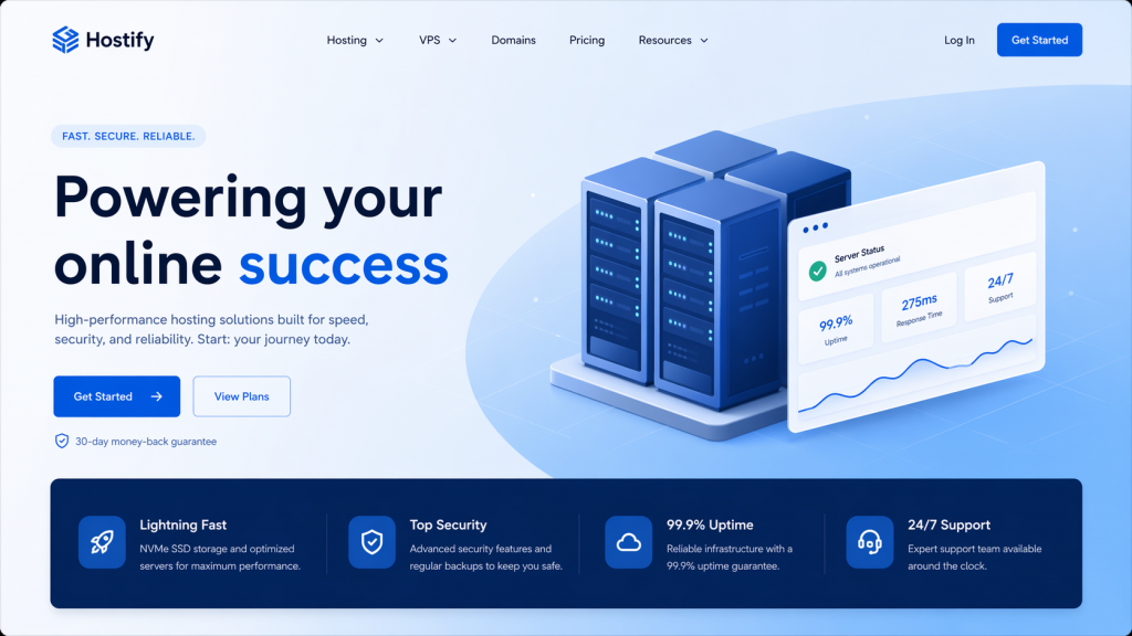 Example of a landing page layout with a hosting services block, header, action buttons, illustration of servers and a monitoring panel, modern UI style.