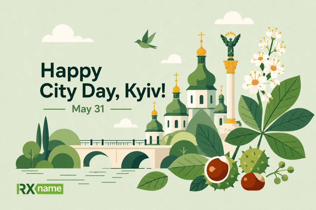 Festive illustration for Kyiv City Day with chestnut trees, green domes, the Independence Monument and the RX-NAME logo.