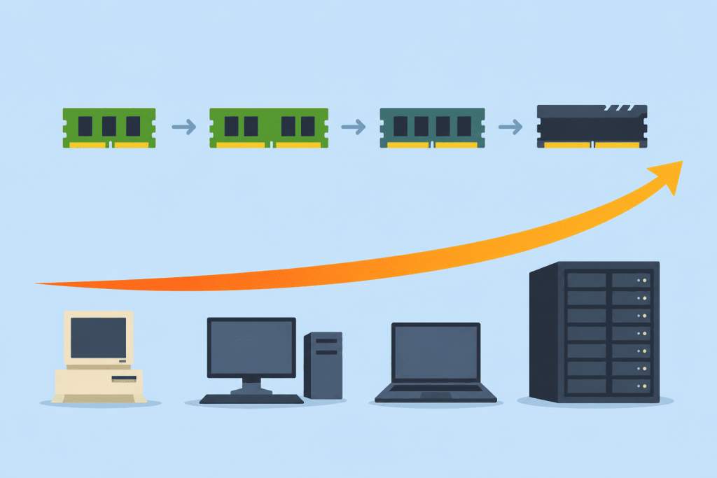 RAM modules change from older to more modern, and the evolution of computers and servers is shown below.