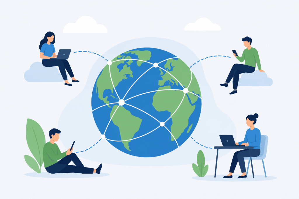 People with laptops and smartphones are connected to the global internet network around the planet.