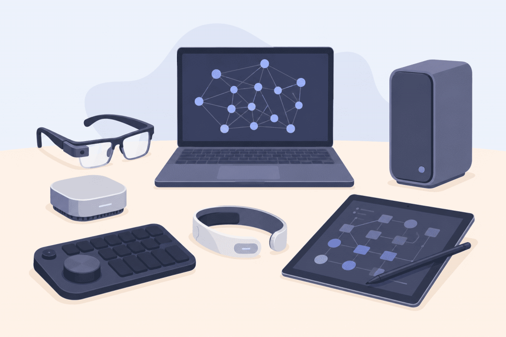 Gadgets for working with artificial intelligence: laptop, tablet, smart glasses, controller, compact device and server unit.