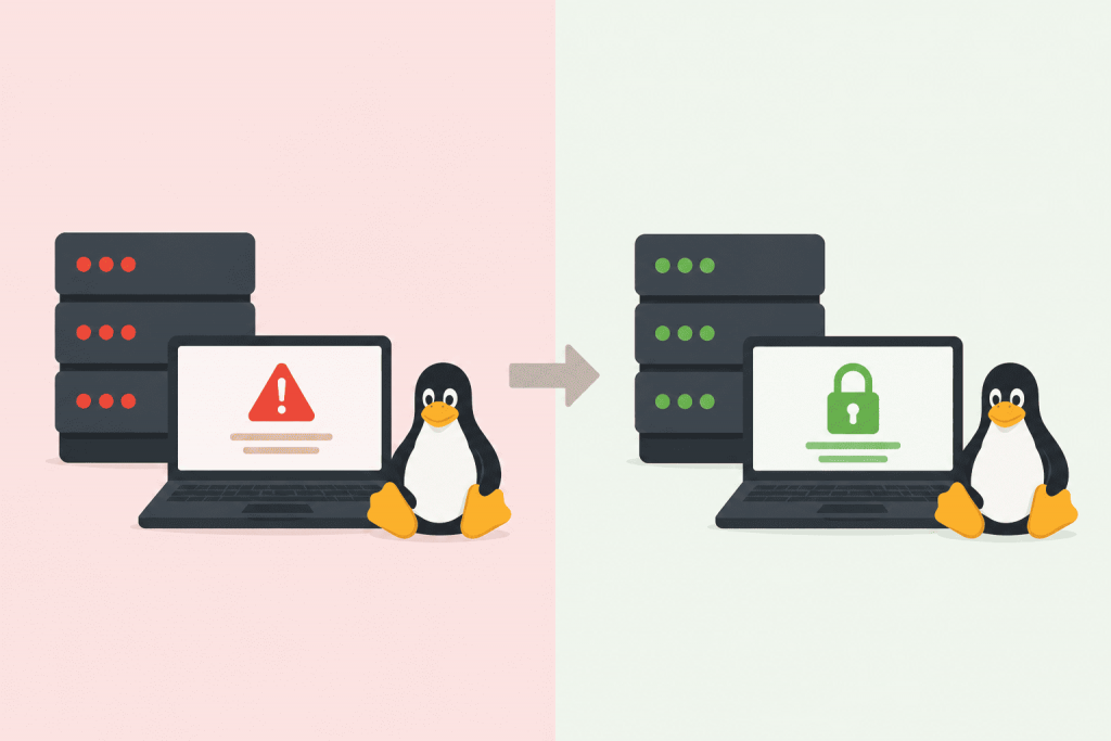 Comparison of vulnerable and secure Linux VPS: a server with a warning changes to a server with a security lock.