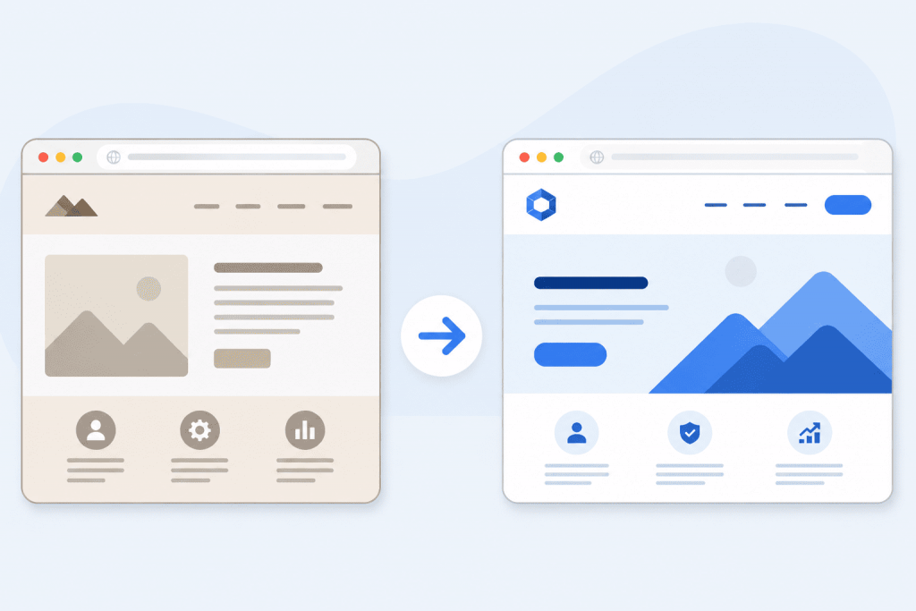 The old site in neutral colors redirects the user to the updated site after rebranding.