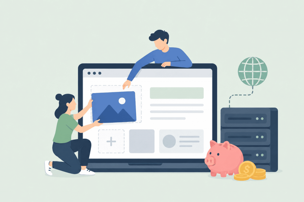 People are assembling a website page on a laptop screen next to server, domain and budget saving symbols.