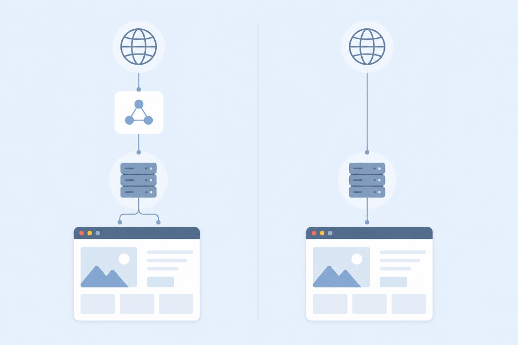 Comparison of the structure of a site with www and without www: in one version, an additional level is shown between the domain and the site, in the other, a direct connection to the server.