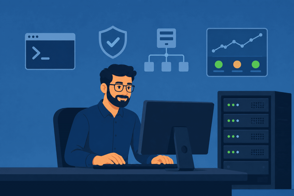 A system administrator works at a computer next to server equipment, monitoring, a network diagram, and security symbols.