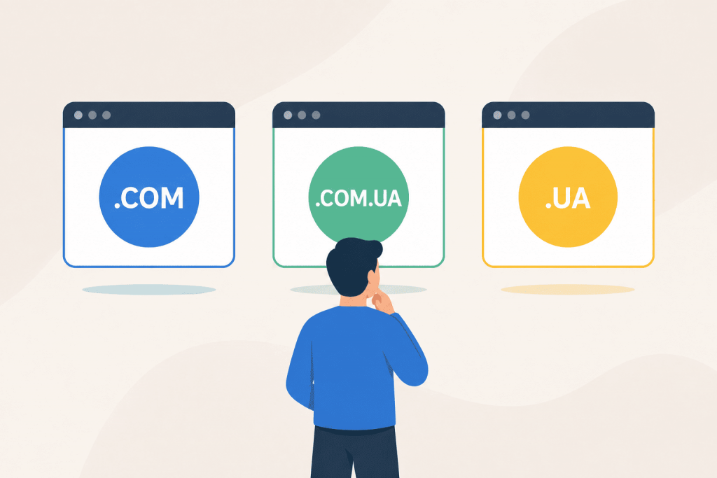 A person chooses between three domain zones for a website: .COM, .COM.UA and .UA.