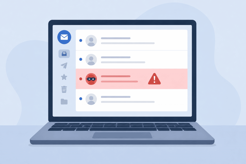 A laptop with an open mailbox, where one email is marked as suspicious due to signs of fraud.